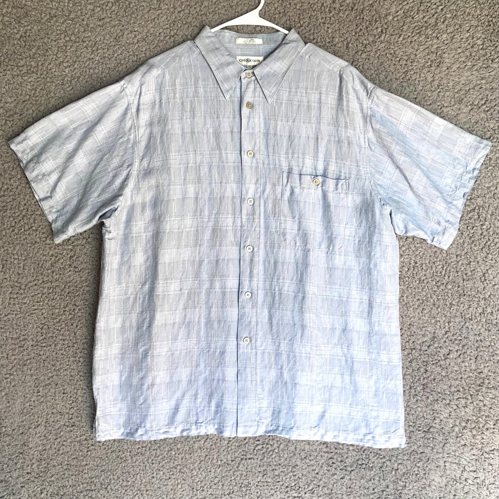 Chereskin Linen Baby Blue Shirt Mens XL Pocket Button Up Camp Casual Woven Plaid